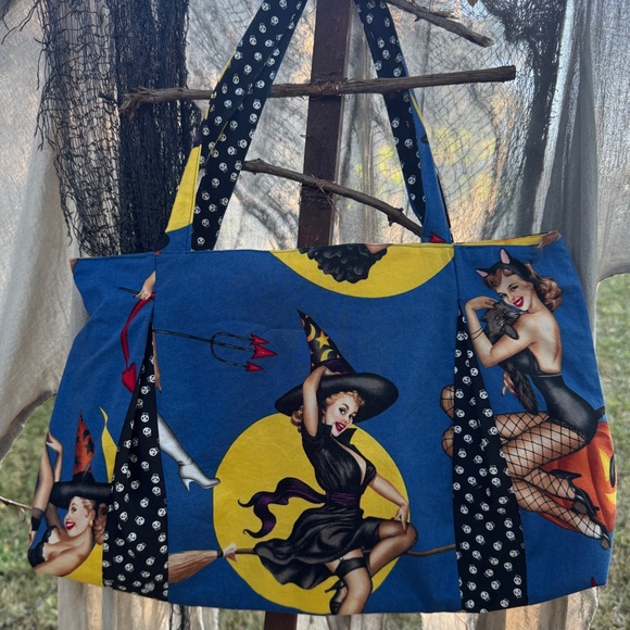 Handmade Handbags - Pin Up Witches Tote Bag Handmade Sturdy Tote for Spell Books and Treats